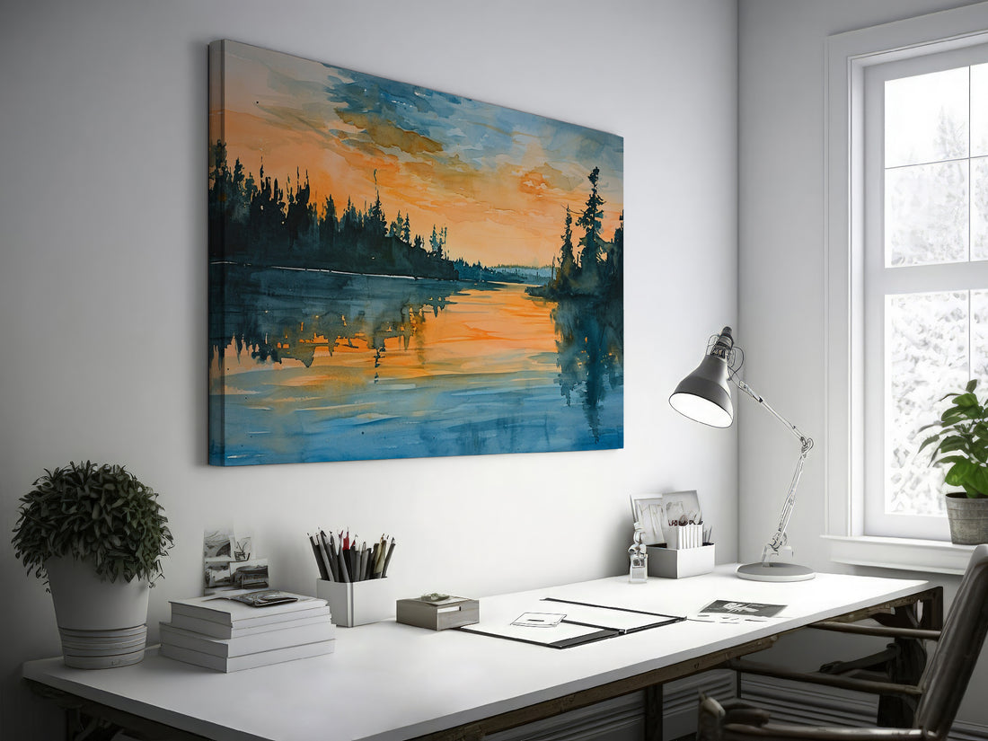 Framed canvas print of a tranquil watercolour landscape with serene reflection and warm sunset tones