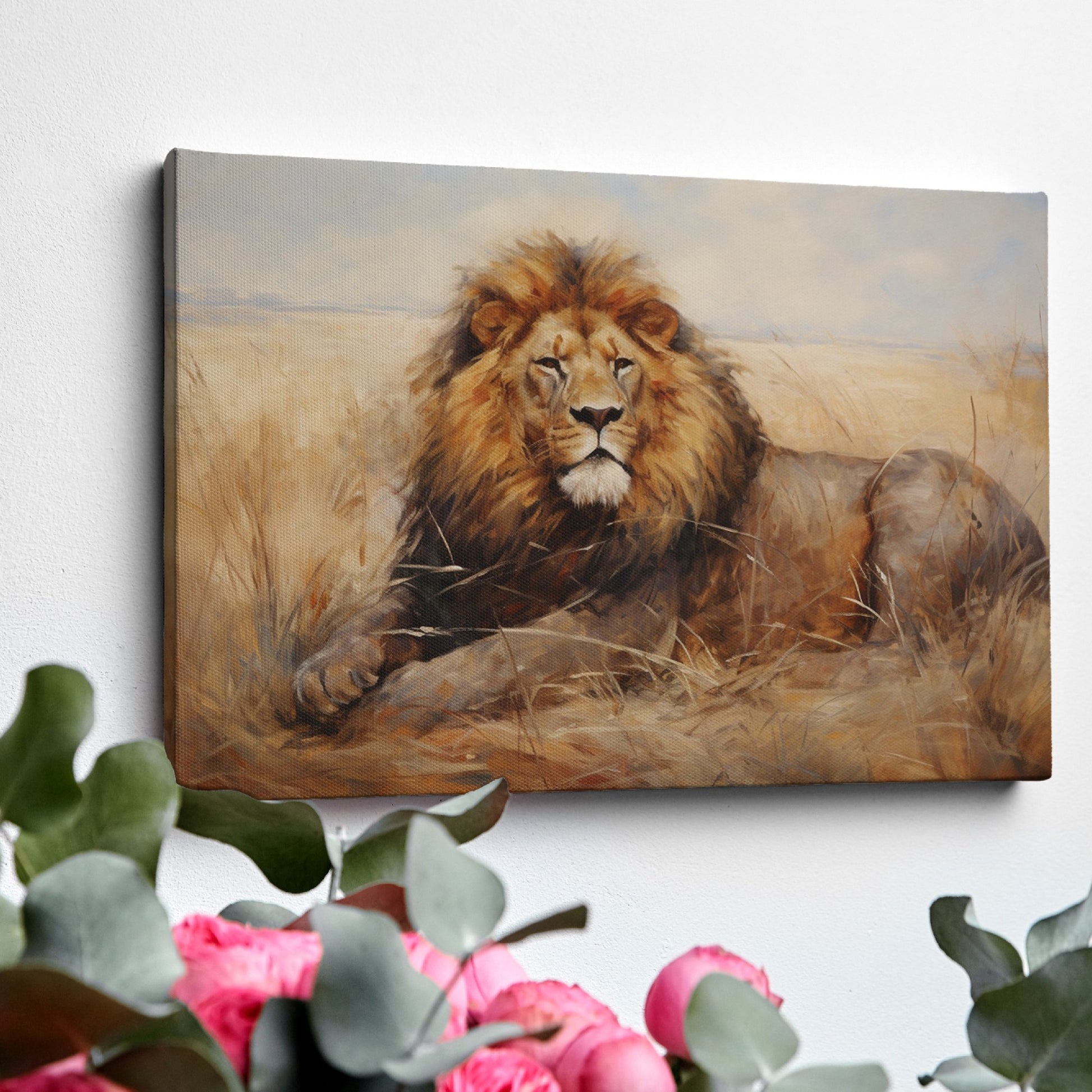 Framed canvas print of a realistic lion resting in the golden savannah