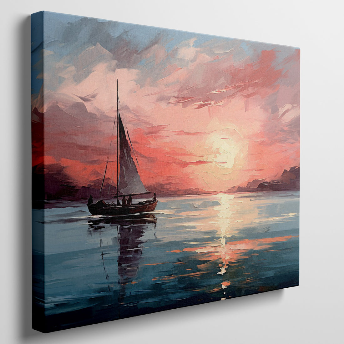 Impressionist style painting of a sailing boat on a tranquil sea at sunset with vivid red and blue tones