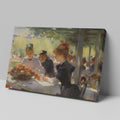 Framed canvas print of a 19th-century Impressionist dining scene with figures in elegant attire.