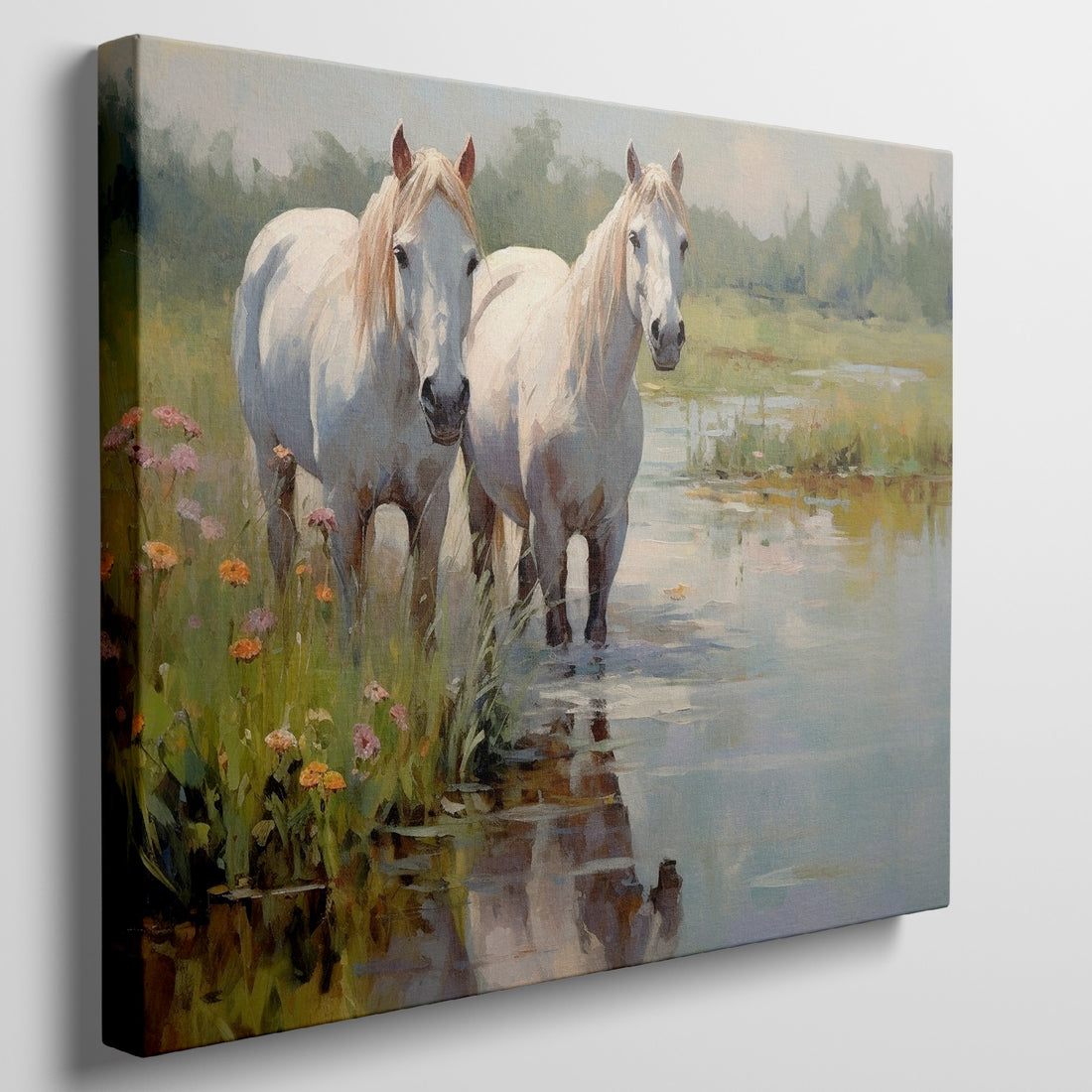 Framed canvas print of two horses in a pastoral landscape with reflections in water