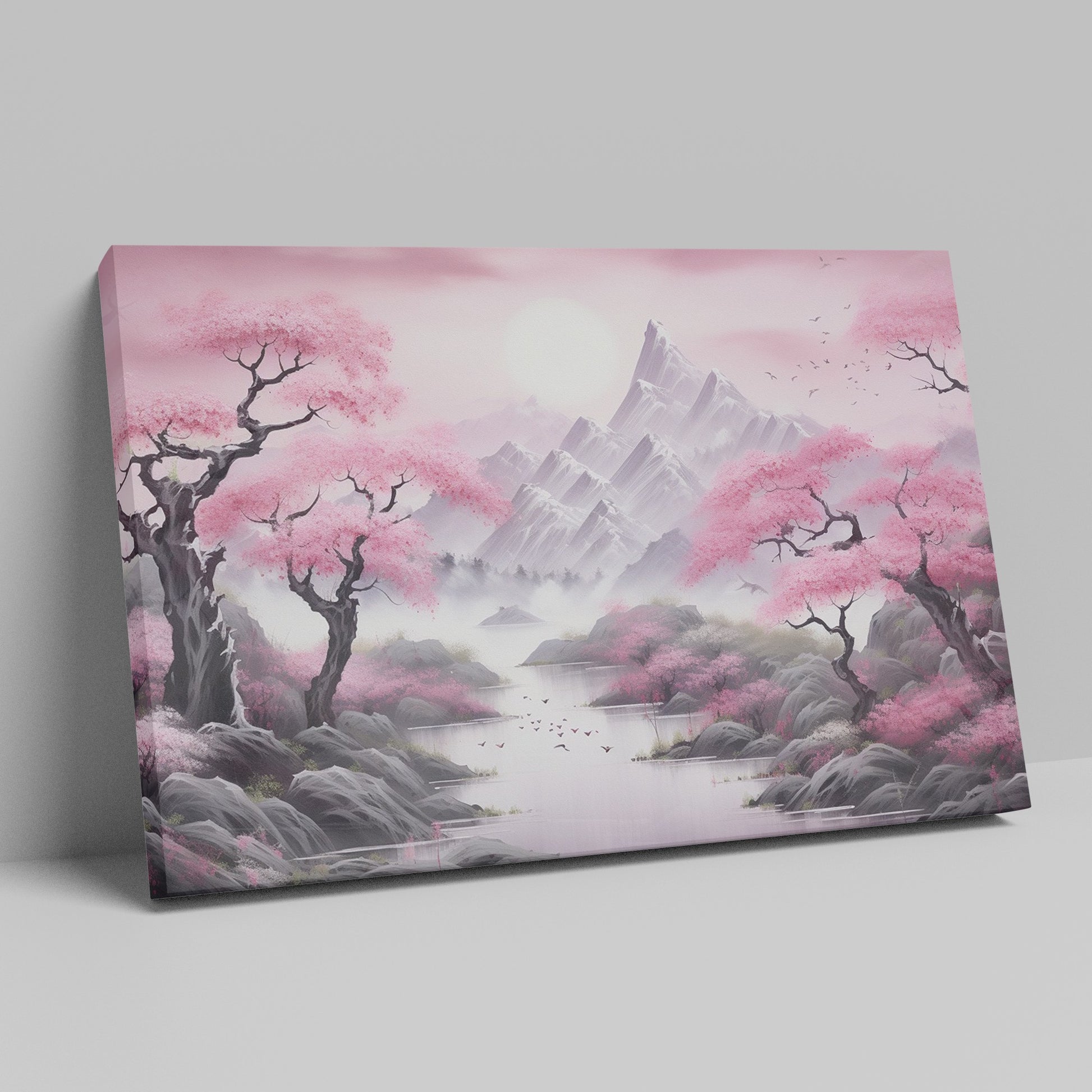 Framed canvas print of Oriental cherry blossom landscape with misty mountains and serene lake