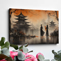 Framed canvas print of Oriental landscape with autumn pagodas and figures in traditional attire