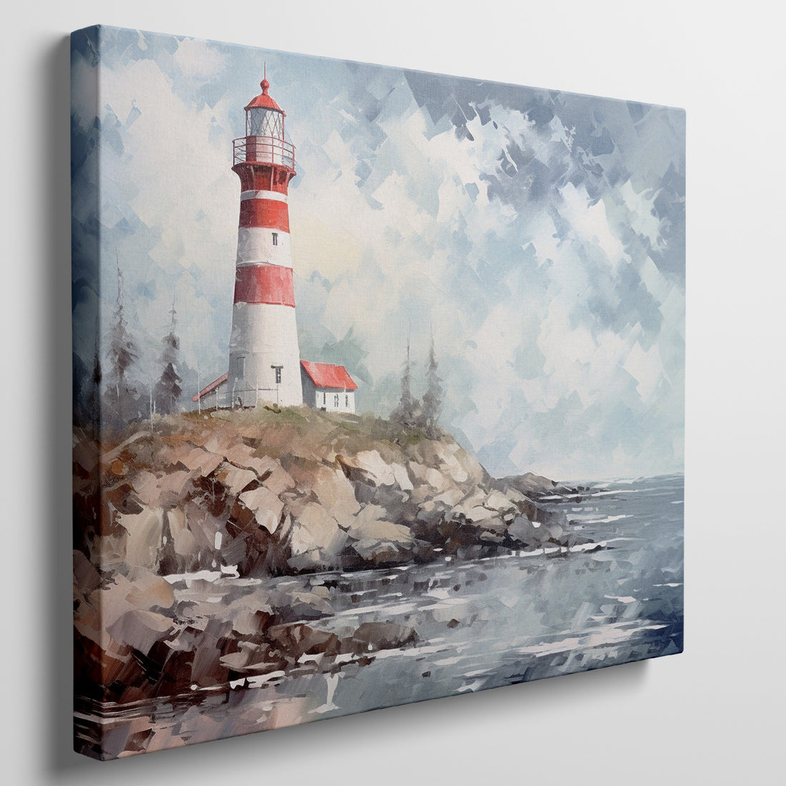 Impressionistic painting of a lighthouse on a cliff with a blue sea and sky