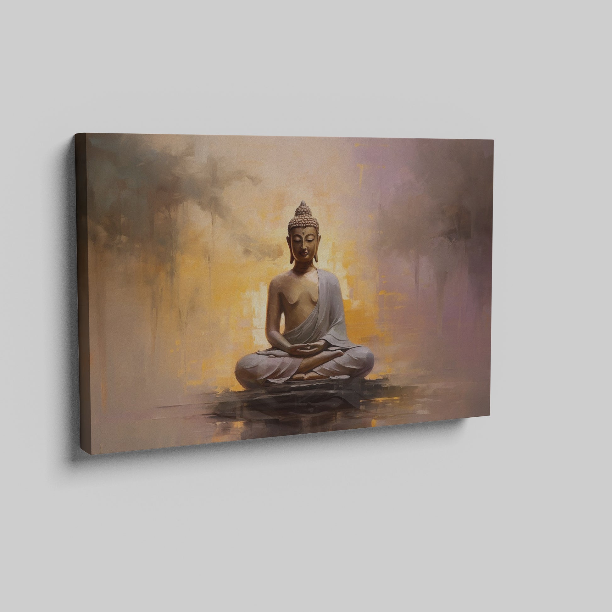 Framed canvas print of serene Buddha in meditation with abstract warm background