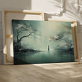 Framed canvas print of a mystical figure amidst ethereal trees and reflective waters, in pastel shades of blue and grey