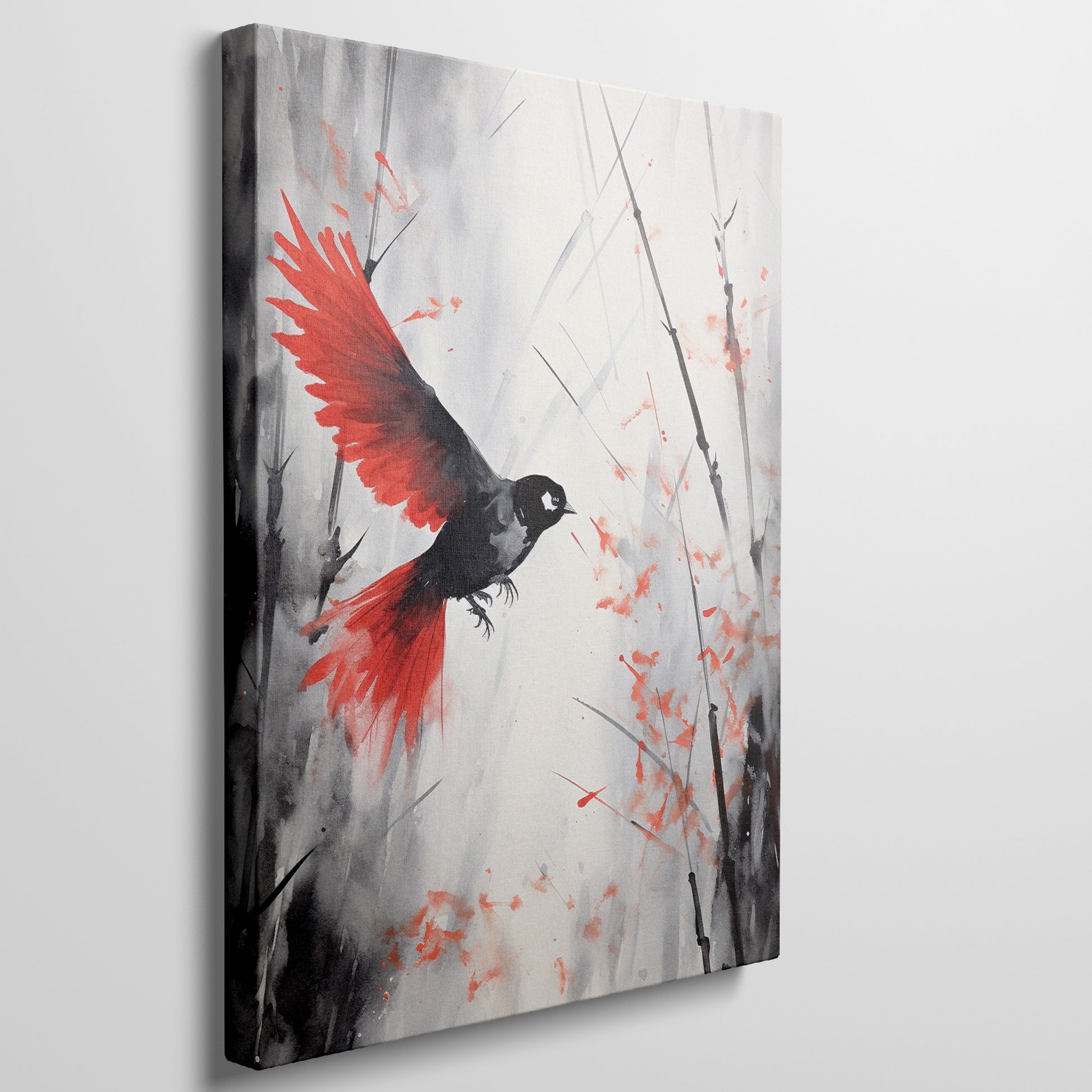 Framed canvas print of a stylised bird with vibrant red wings against a monochrome watercolor background