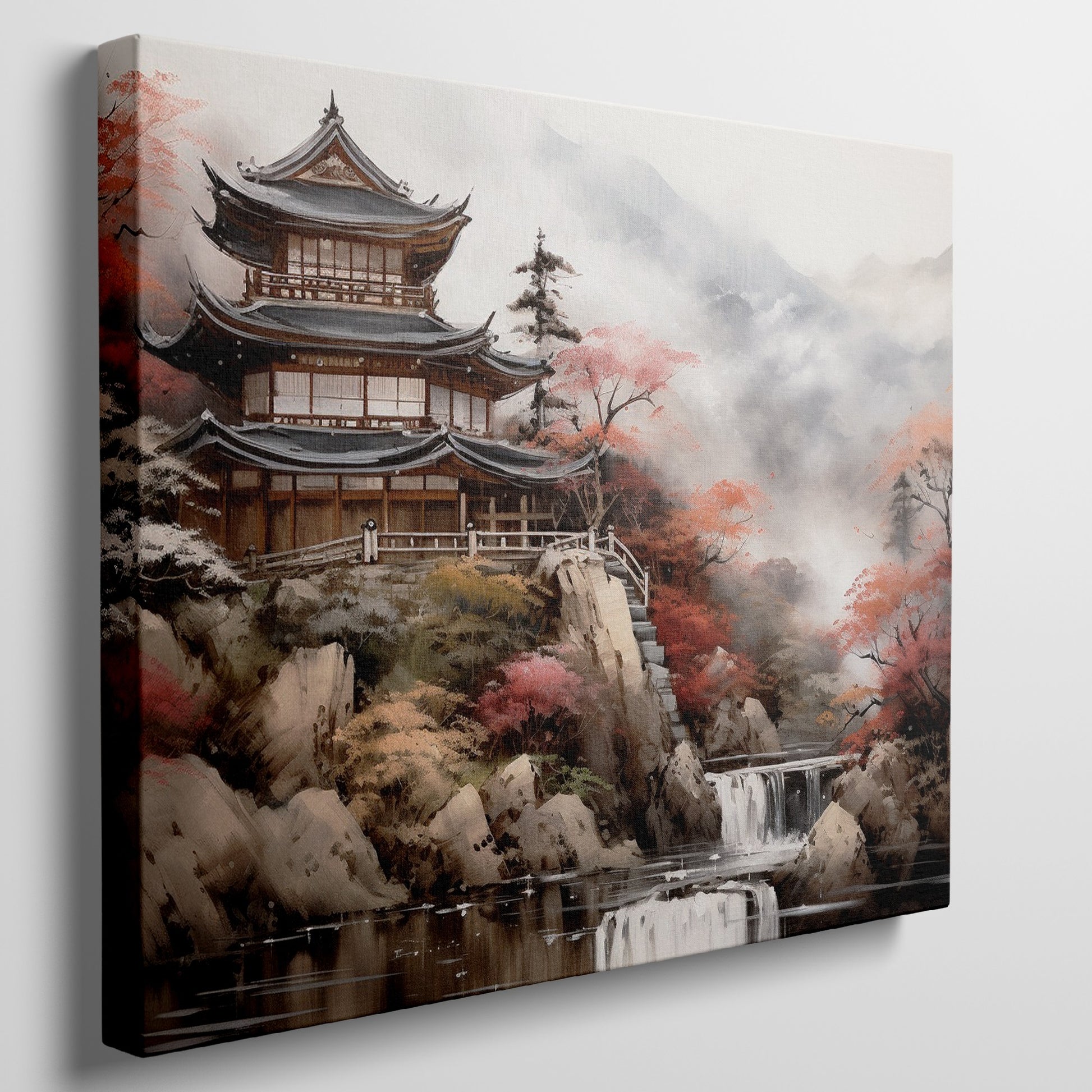 Digital painting of a traditional Japanese temple in autumn with vibrant red maple trees and cascading waterfall