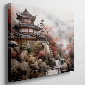 Digital painting of a traditional Japanese temple in autumn with vibrant red maple trees and cascading waterfall