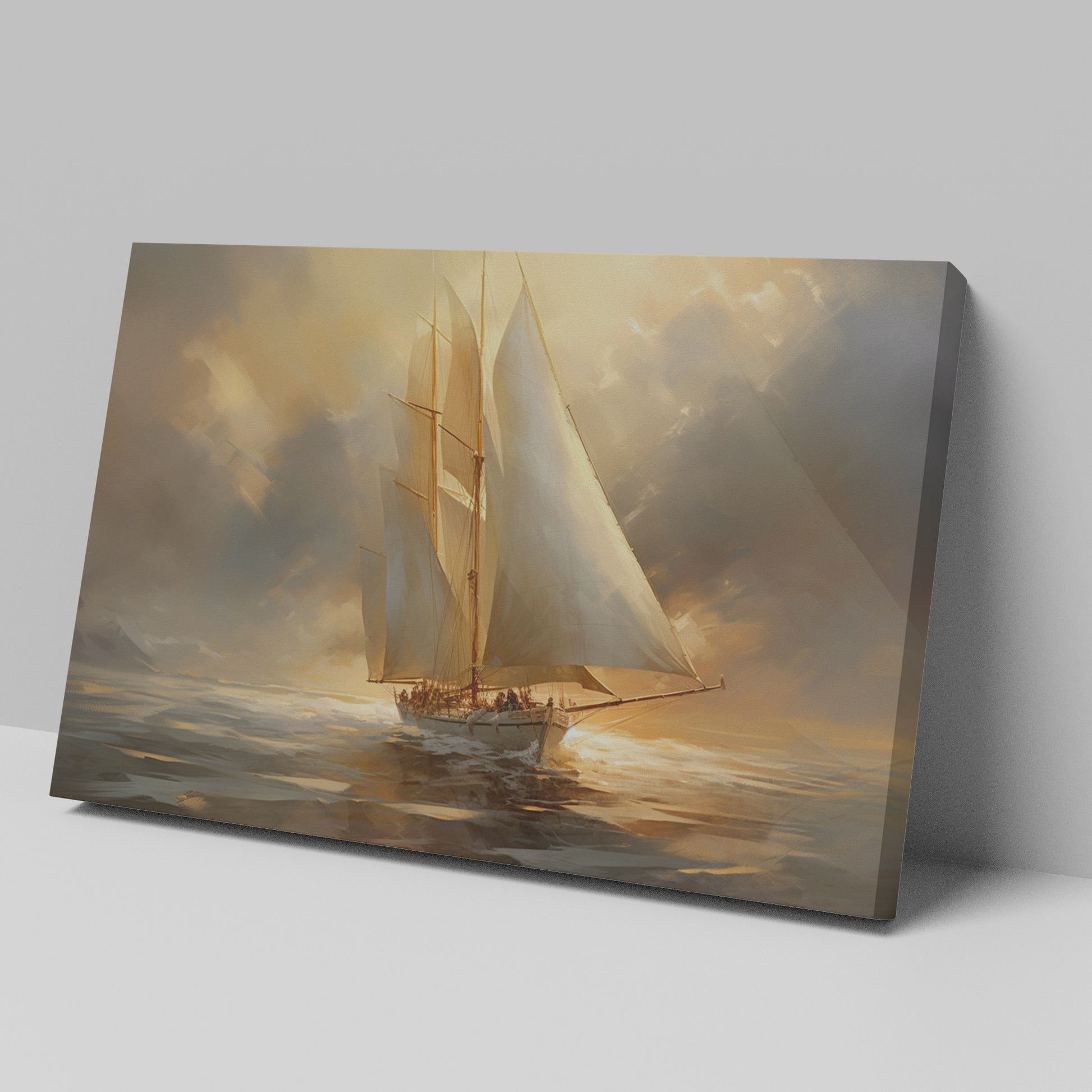 Framed canvas print of a classic sailing ship gliding through the ocean at sunset, with warm golden and amber tones in the sky