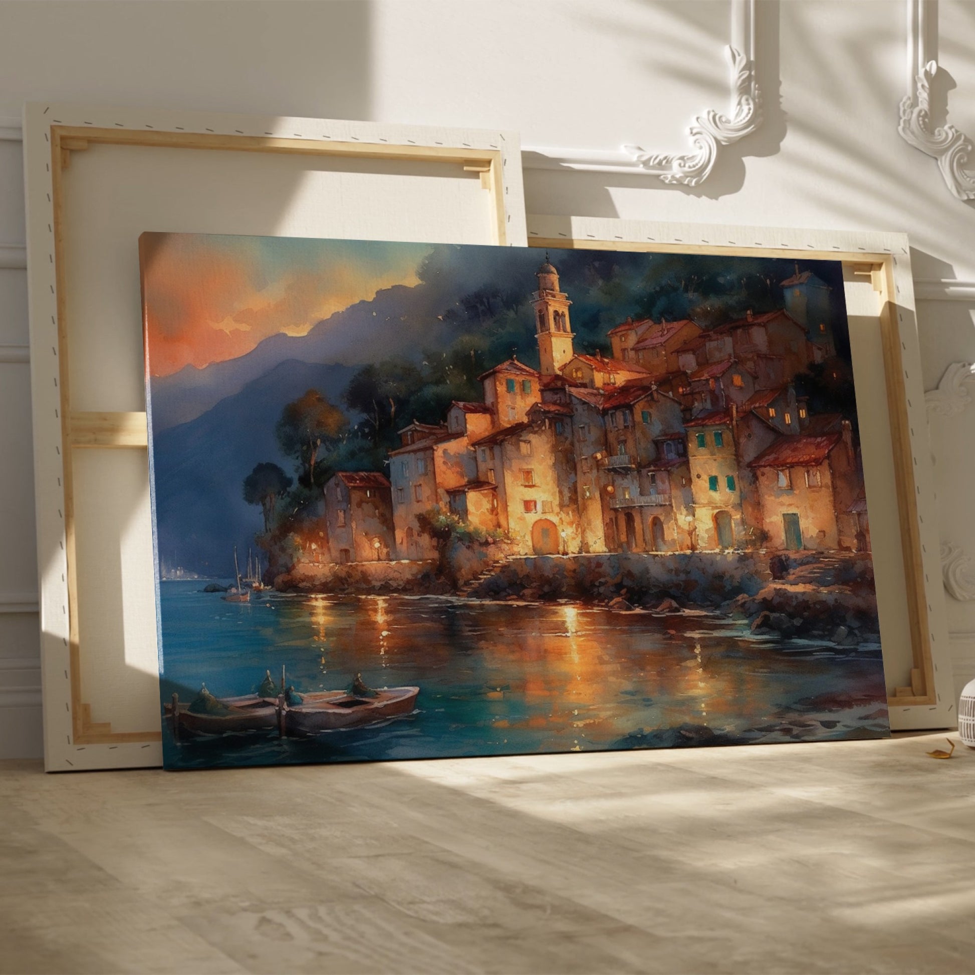 Framed canvas print of a watercolour Mediterranean village at twilight with reflections on the sea