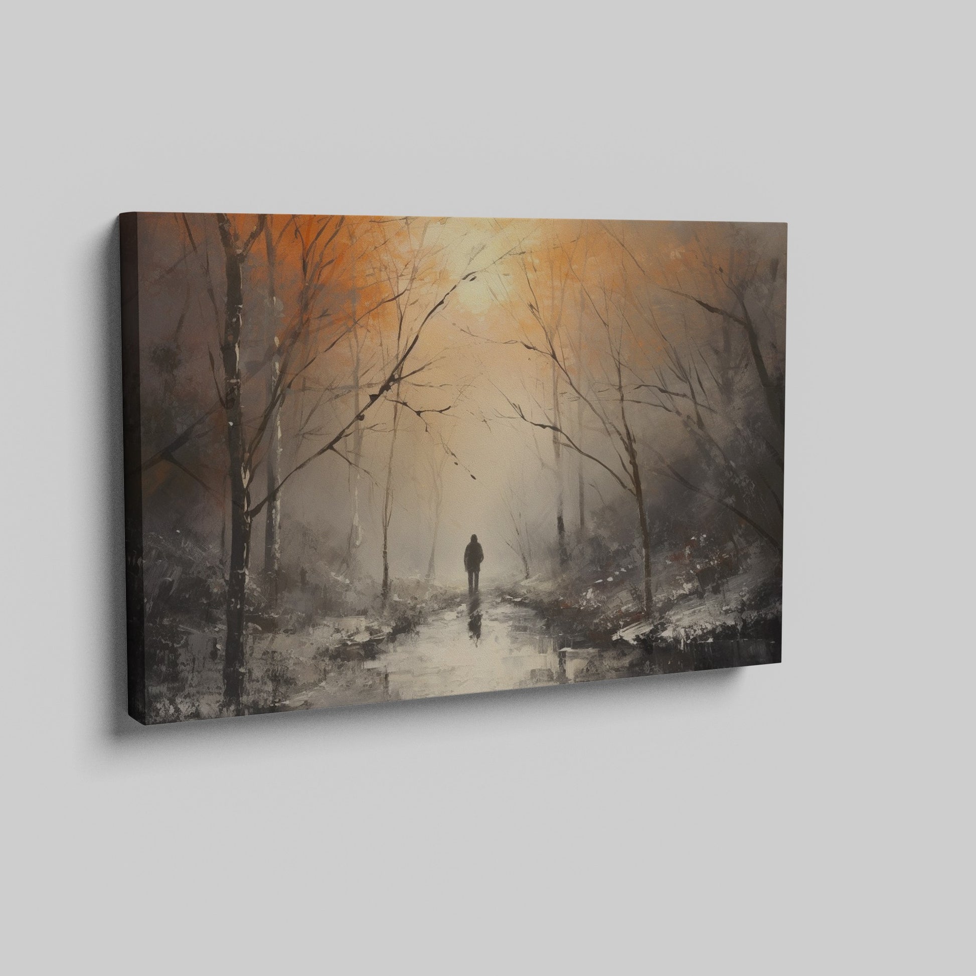 Framed canvas print of a solitary figure walking through a misty, autumnal forest with warm, glowing light