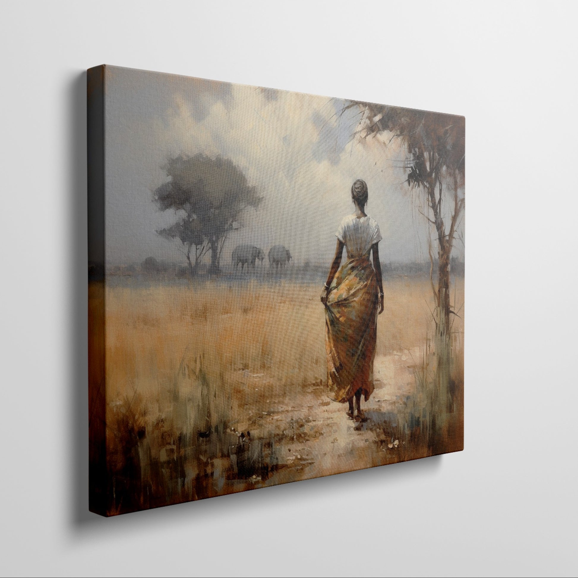 Framed canvas print of an impressionist African Savannah with a woman in traditional dress and elephant herd