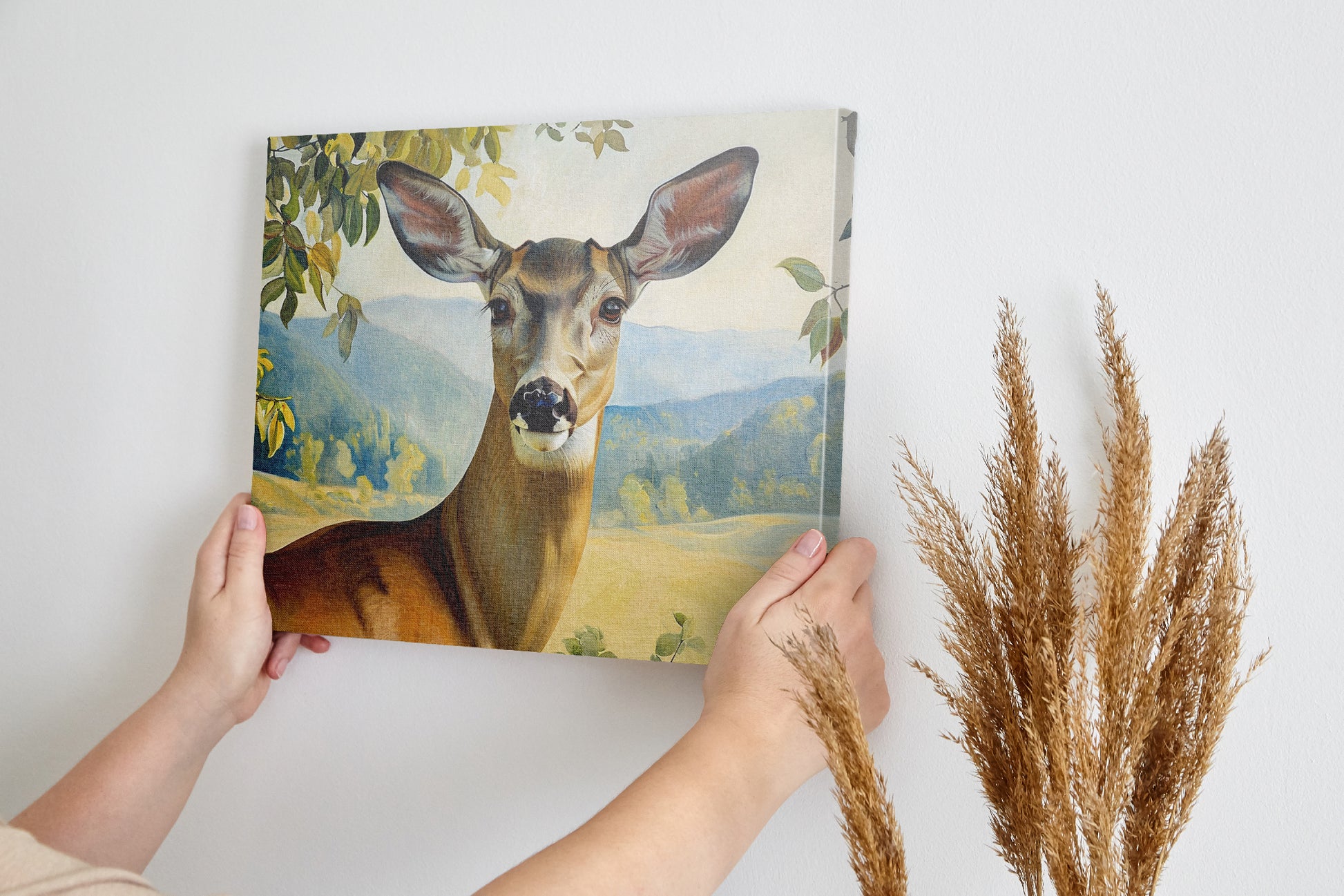 Framed canvas print of a realistic deer in a serene countryside setting with lush foliage