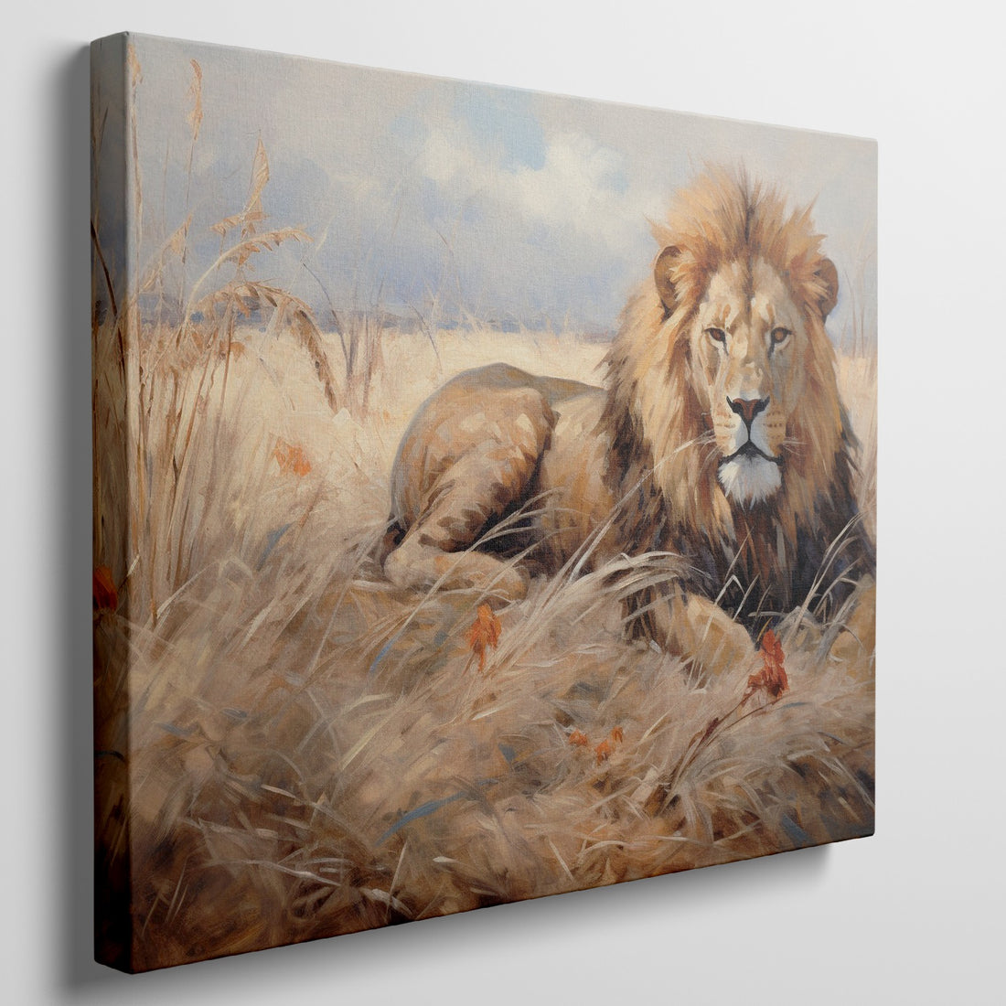 Framed canvas print of a realistic lion lying in the grass of the African savanna, with warm golden tones