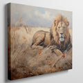 Framed canvas print of a realistic lion lying in the grass of the African savanna, with warm golden tones