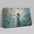 Framed canvas print of a woman joyfully embracing surrounded by impressionist styled birds