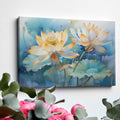 Framed canvas print of tranquil watercolor lotus flowers with pastel hues on a serene blue background