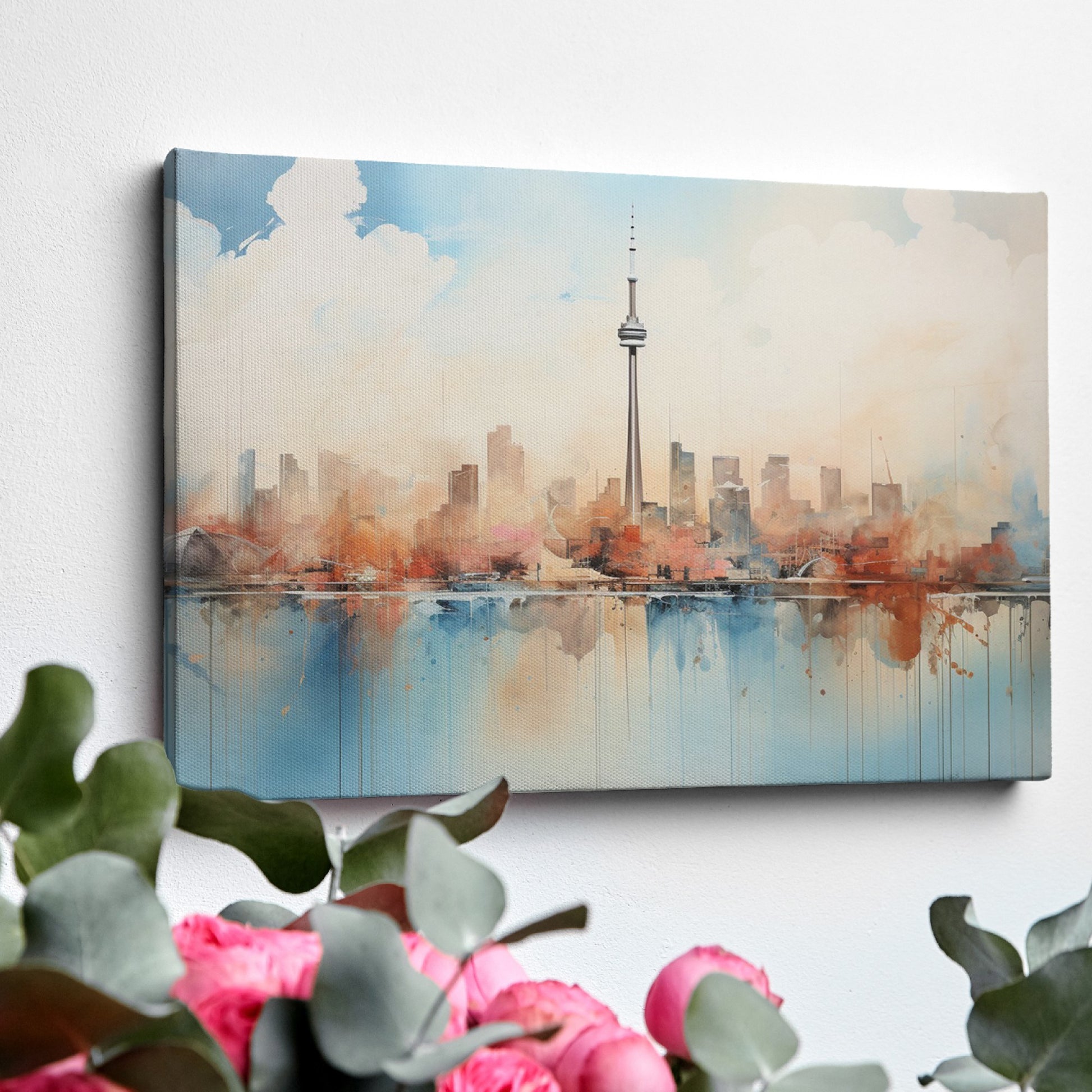 Framed canvas print of a soothing abstract cityscape with watercolour skyline and reflections