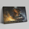 Framed canvas print of a mystical witch stirring a magical fiery brew in a gothic setting