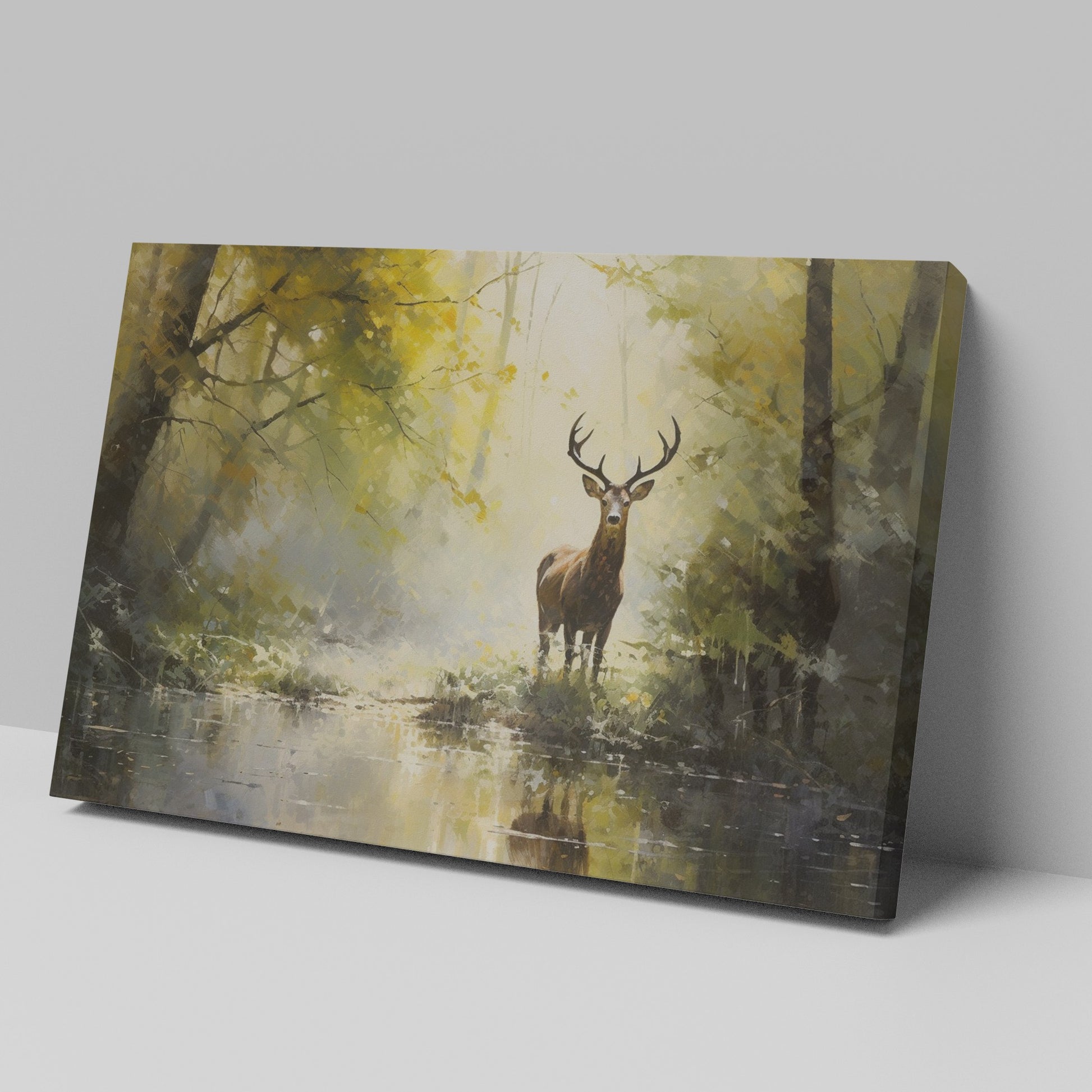 Impressionist painting of a stag by a water body amidst a yellow and brown autumn forest.