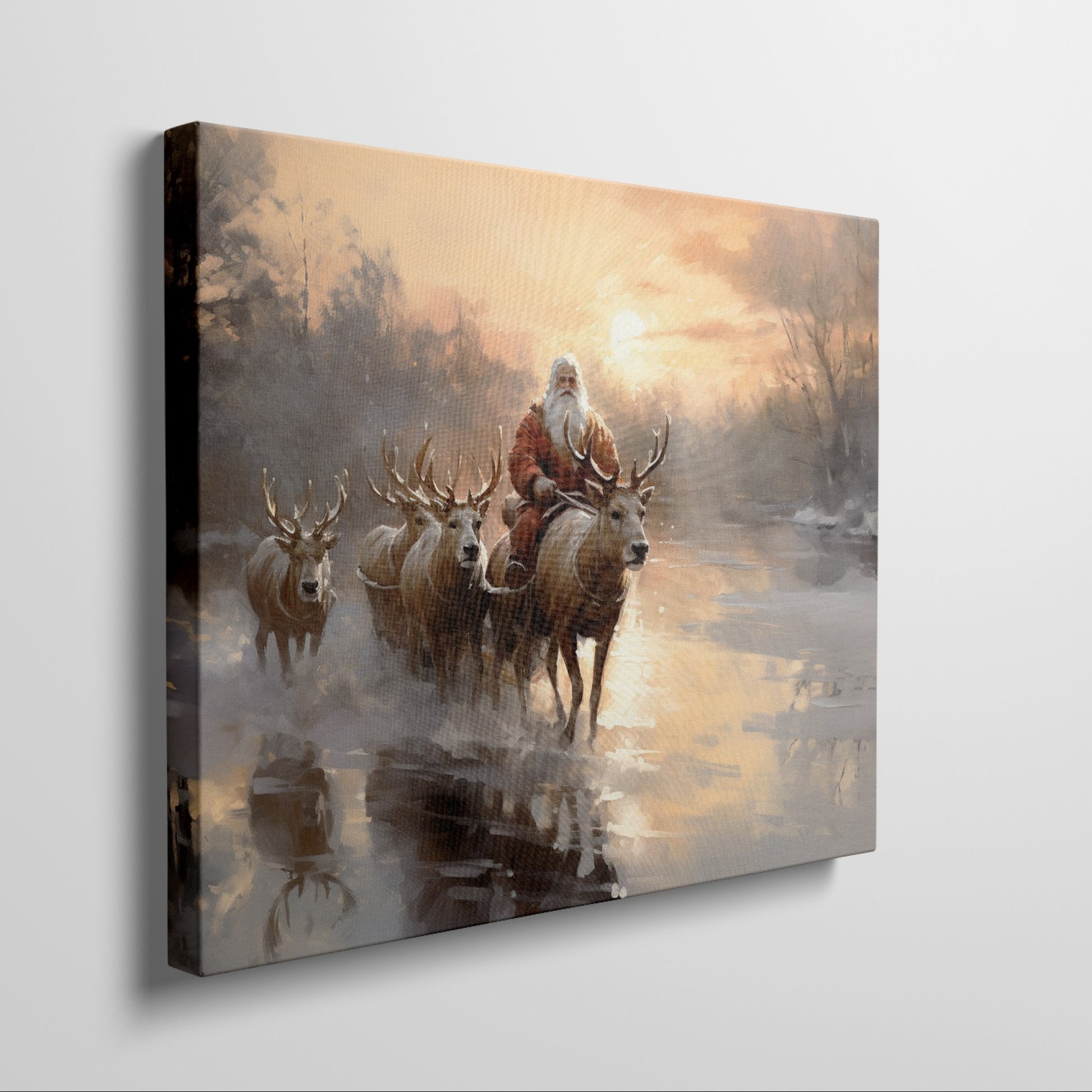 Framed canvas print of Santa Claus with reindeer in a winter sunset landscape