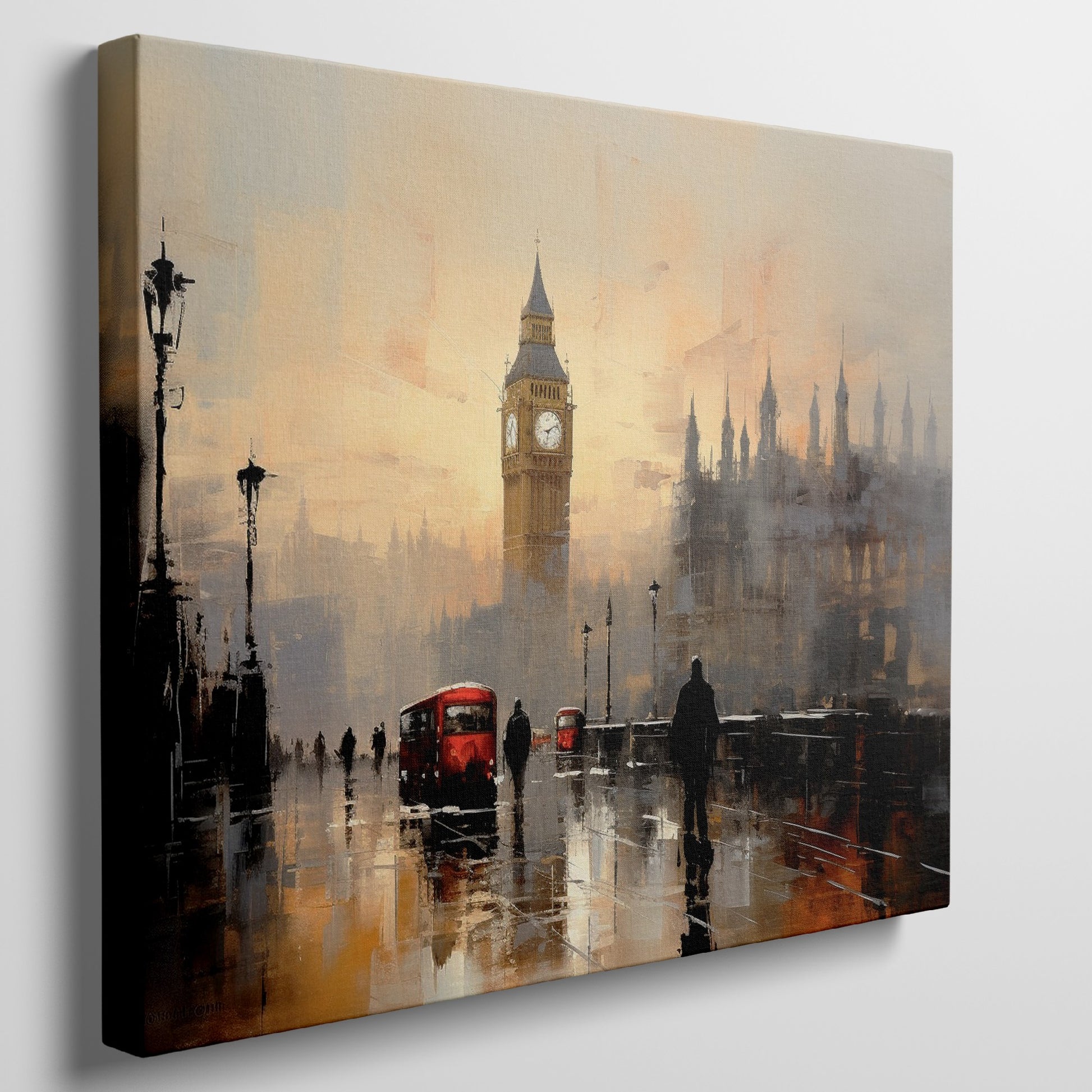 Framed canvas print of London's Big Ben and red buses in an abstract impressionist style with warm golden colours