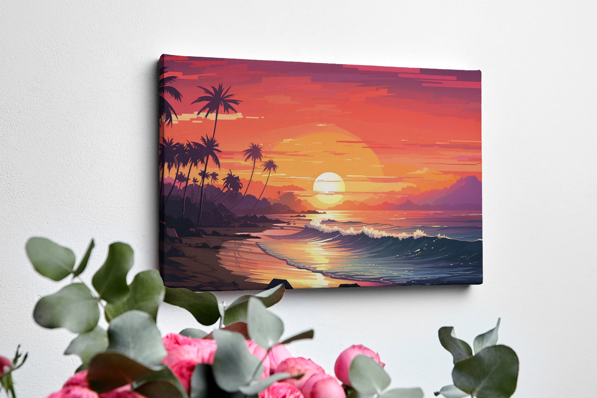 Framed canvas print of a digital tropical sunset with palm trees and ocean waves