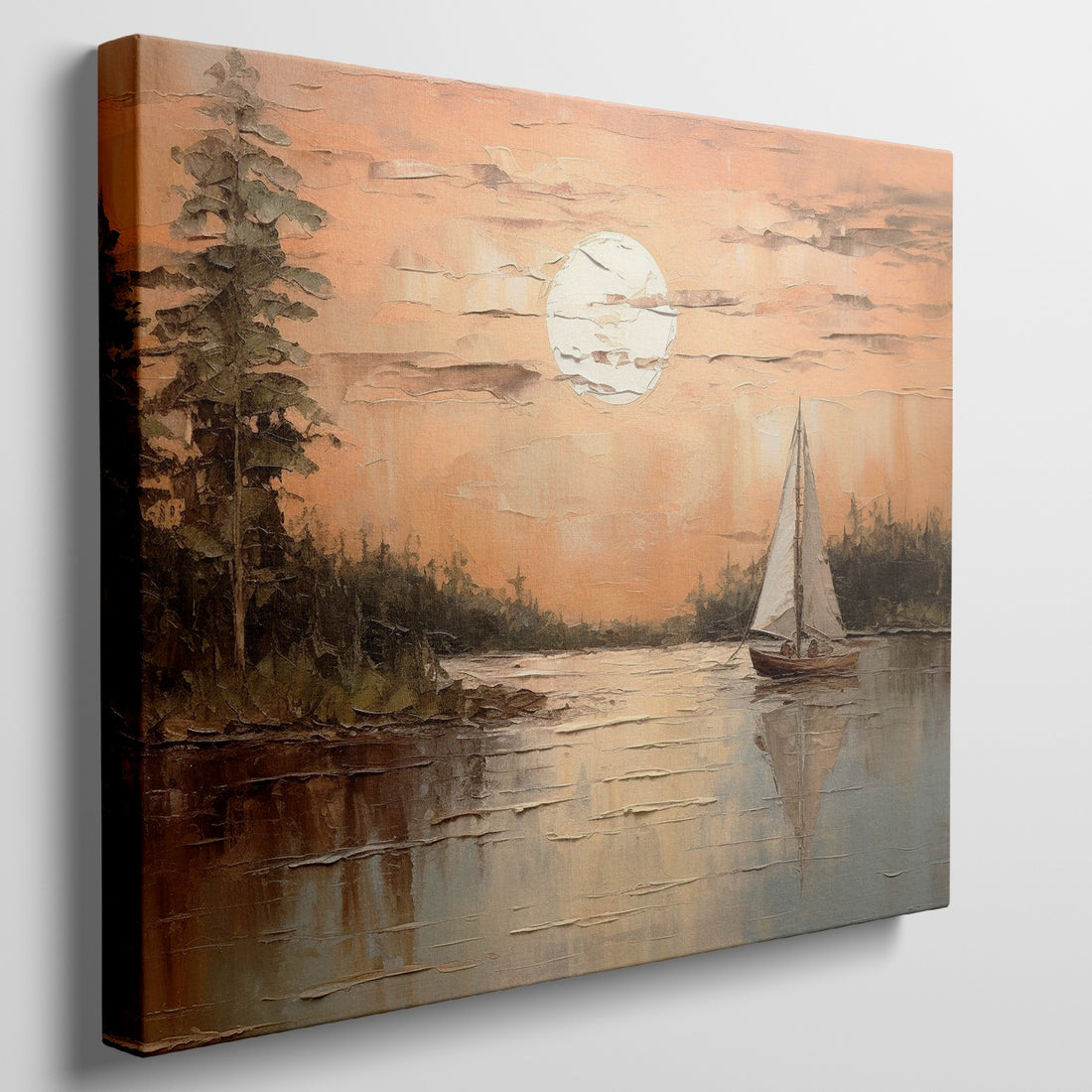 Canvas print of a sunset with orange skies, sailboat on calm lake, and tree silhouettes