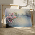 Framed canvas print of impressionist cherry blossoms overlooking a tranquil lake