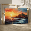 Framed canvas print of a sunset seascape with a lighthouse on a cliff