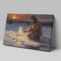 Framed canvas print of a person building a snowman at sunset with a winter landscape