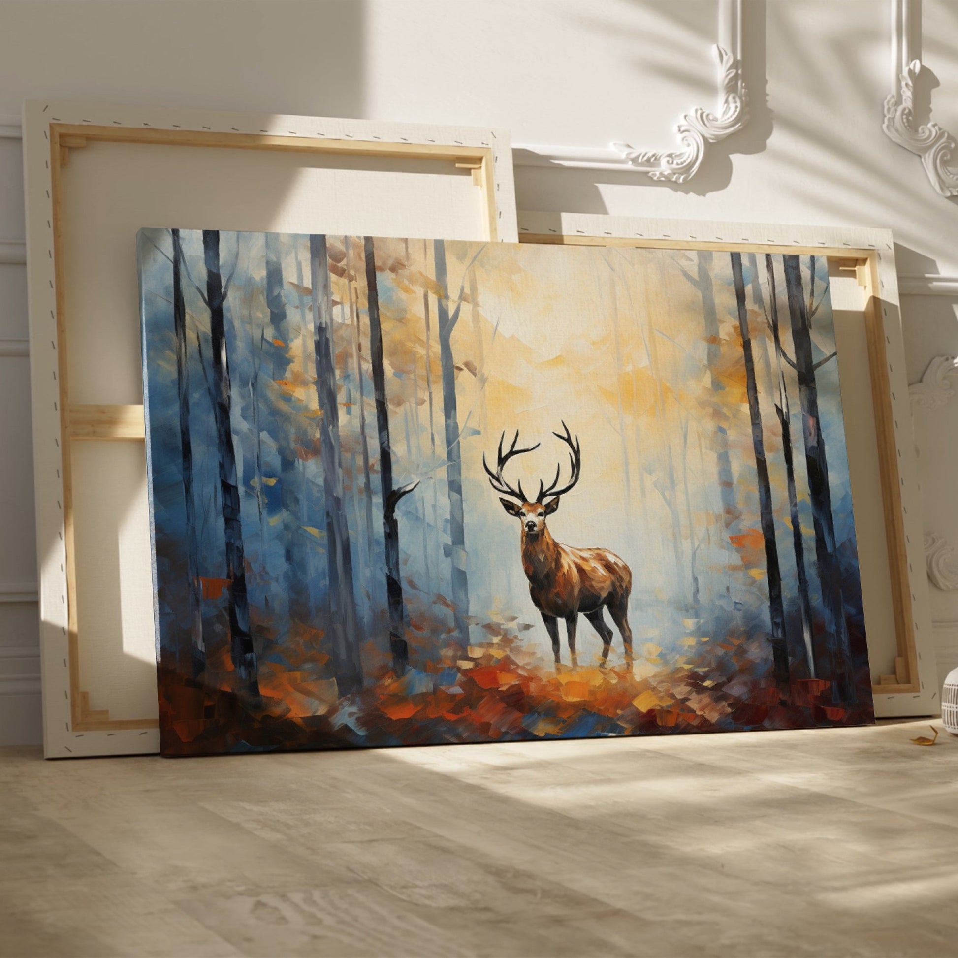 Framed canvas print of a majestic stag in a sunlit, impressionistic autumn forest