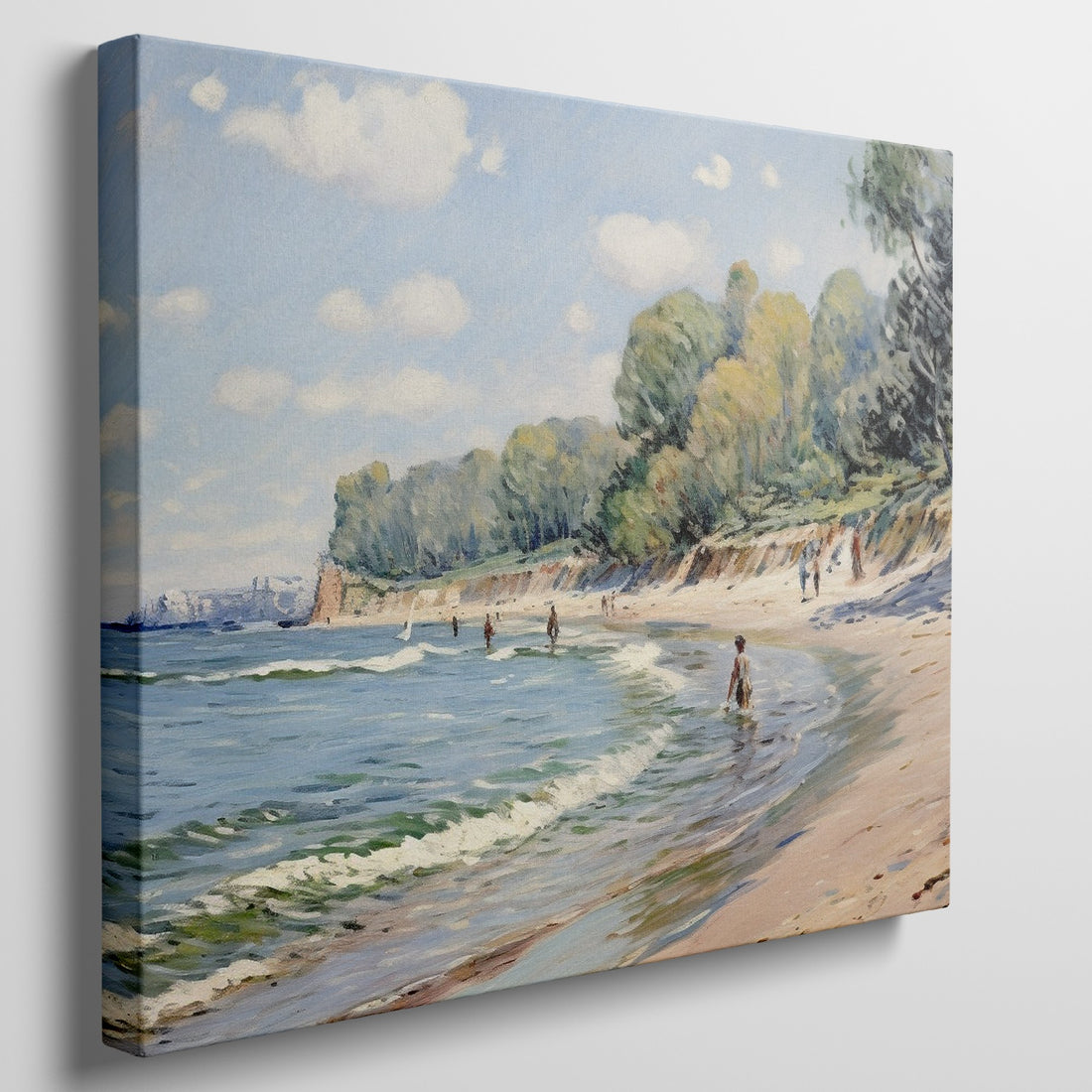 Framed canvas print of an impressionist beach scene with sailboats and people enjoying the shore