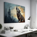 Framed canvas print of a howling wolf in a forest at dusk with vibrant earthy tones