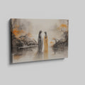 Framed canvas print of oriental ink wash painting with misty landscape and autumn hues