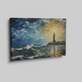 Framed canvas print of an impressionist lighthouse seascape at sunset with textured waves and a vivid sky