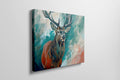 Framed canvas print of a majestic stag with vibrant turquoise and earthy orange tones