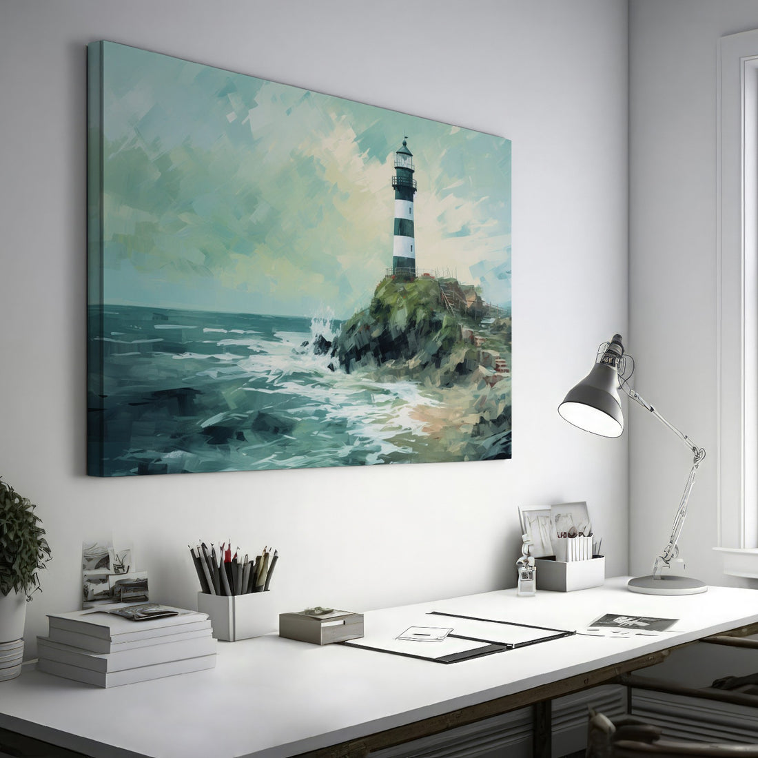 Framed canvas print of an impressionist painting featuring a lighthouse on a stormy coast with waves