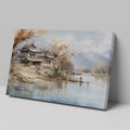 Canvas art of a tranquil oriental landscape with autumnal trees, traditional architecture, calm water, and mountains in the background.