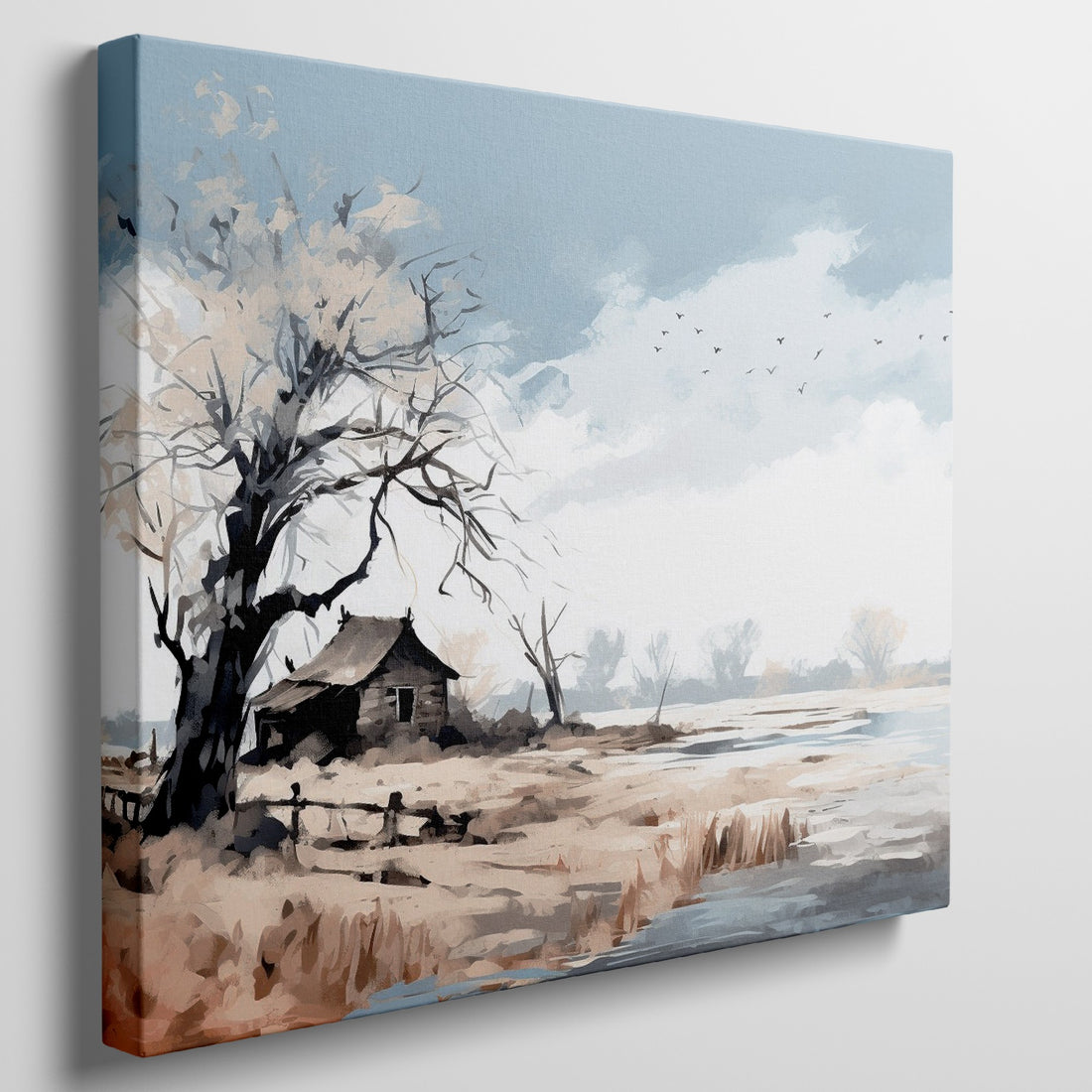 Impressionistic canvas art of a rustic cabin beneath barren trees, in autumnal beige and brown tones with soft blue sky.