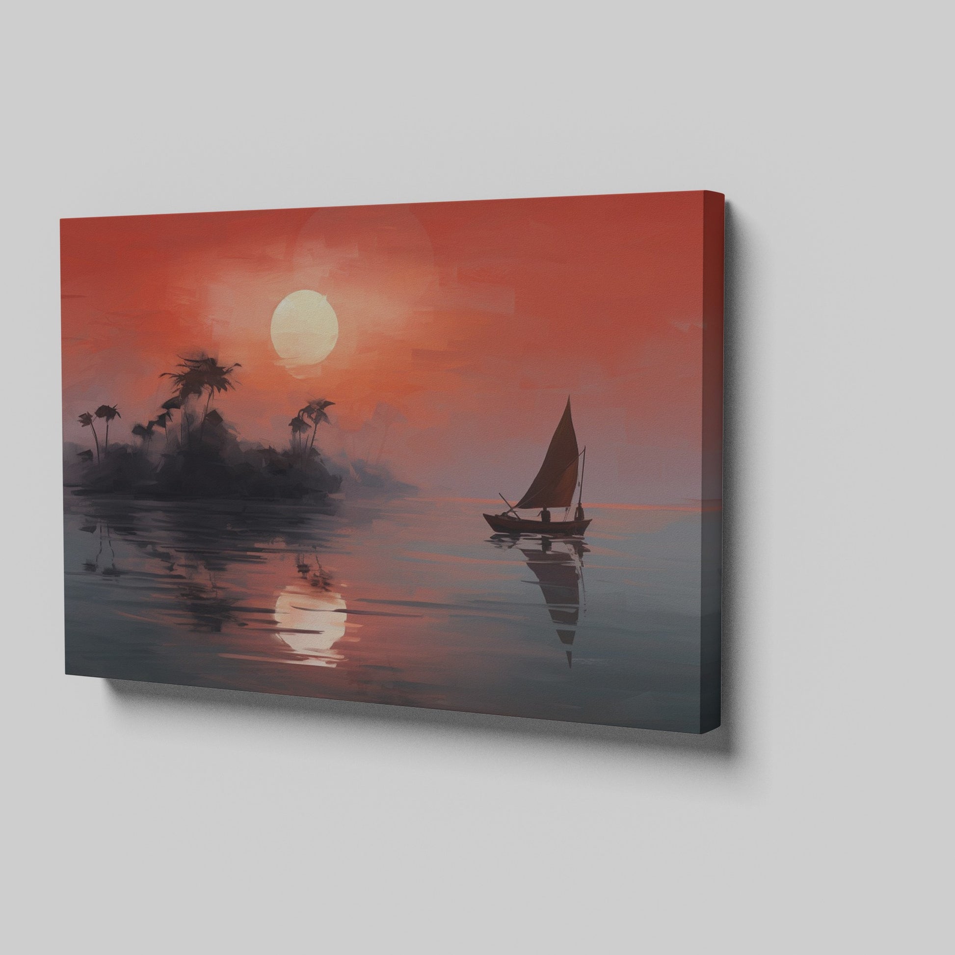 Framed canvas print of a tropical sunset with silhouette of sailboat and palm trees reflection on the water