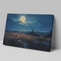 Framed canvas print of a moonlit rustic meadow with a full moon, golden tones and blue hues