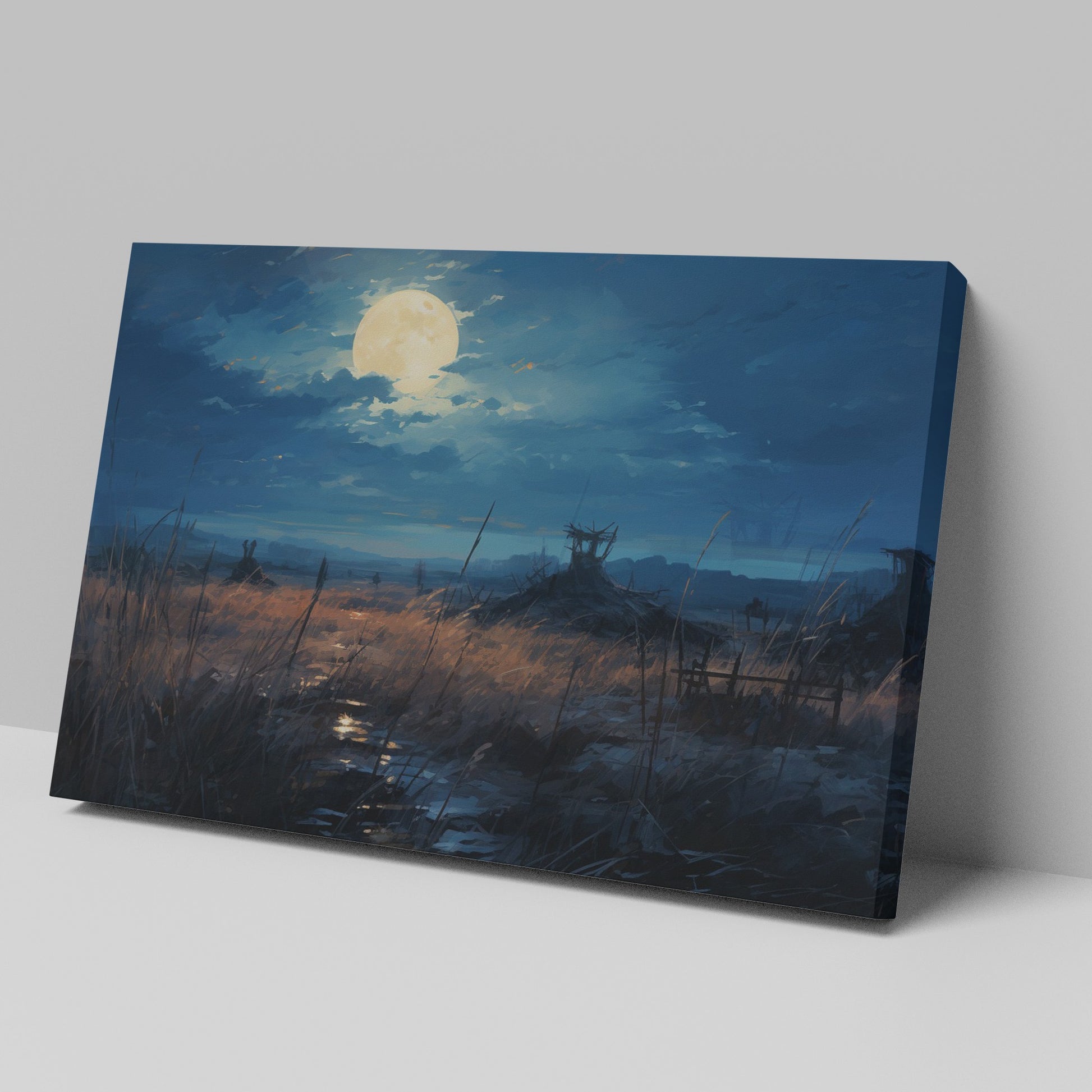 Framed canvas print of a moonlit rustic meadow with a full moon, golden tones and blue hues