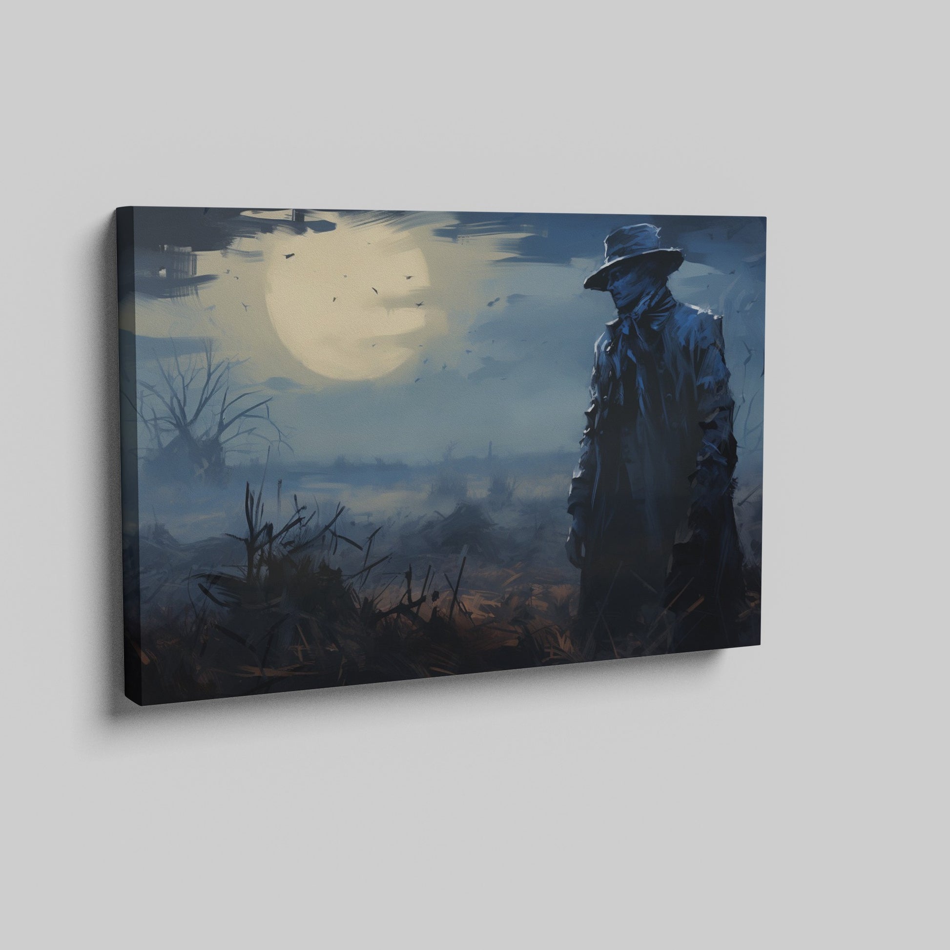 Framed canvas print of a mysterious figure under a moonlit, bird-strewn sky within a dramatic landscape