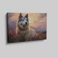 Framed canvas print of a serene dog portrait at sunset with warm amber and lavender tones