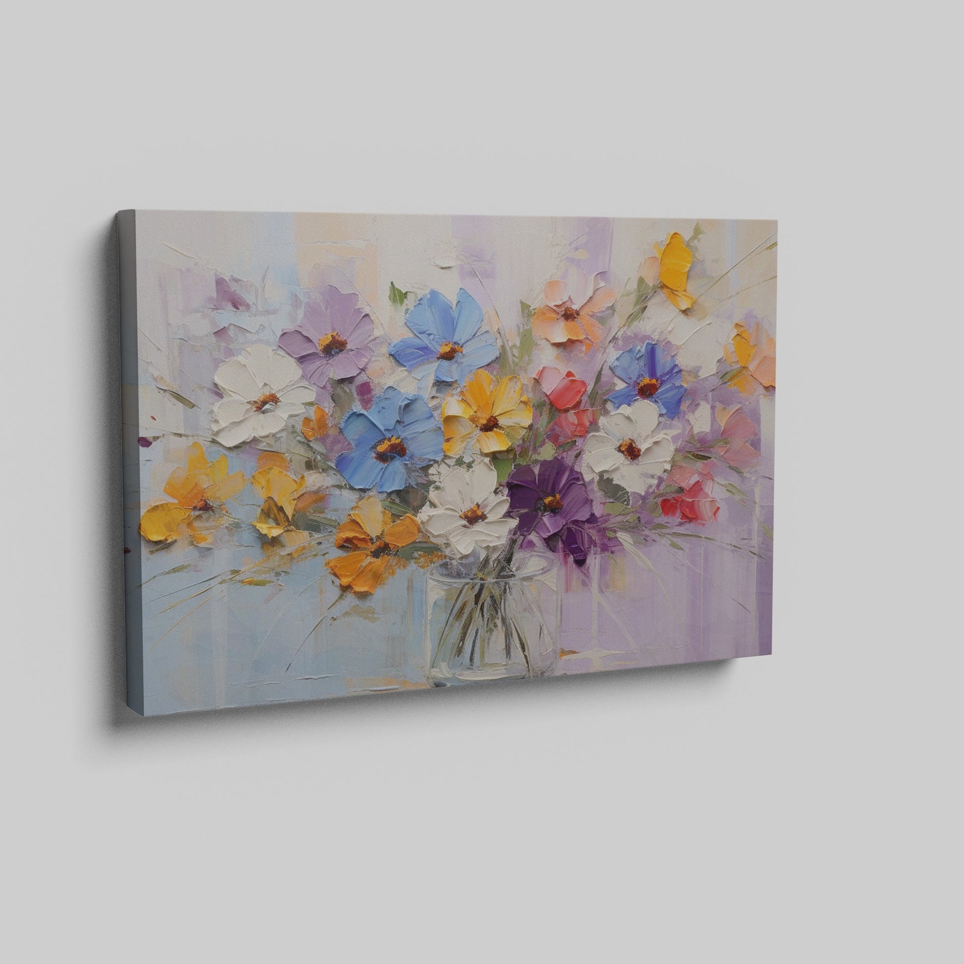 Framed canvas print of vibrant impasto painted flowers in a vase with rich textures and a colourful palette