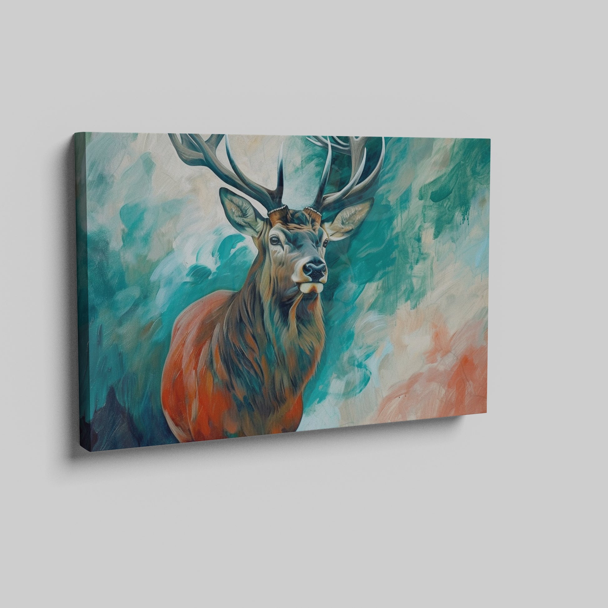 Framed canvas print of a majestic stag with vibrant turquoise and earthy orange tones