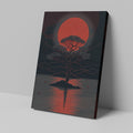 Stylized graphic of a solitary tree against a large red moon with its reflection on a ripple-patterned lake