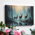 Framed canvas print of deer in a forest at sunrise with reflections in water, blue and orange tones